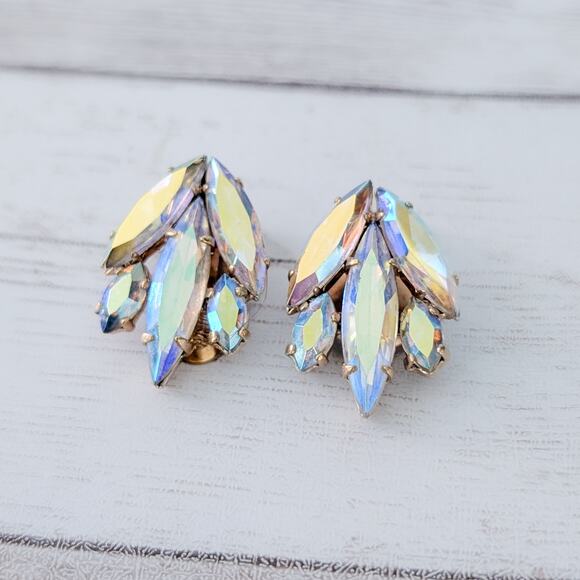 Vintage Clip On Earrings Large Statement Iridescent Stunning Earrings - Picture 3 of 6
